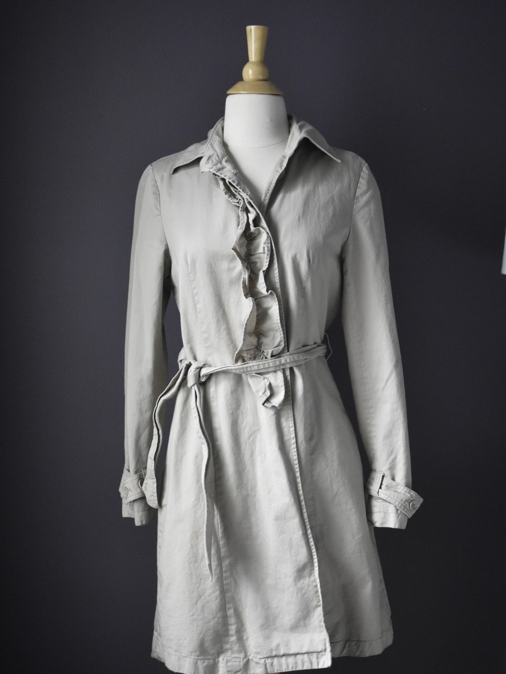 New York & Company Light Gray Ruffle-Front Trench Coat